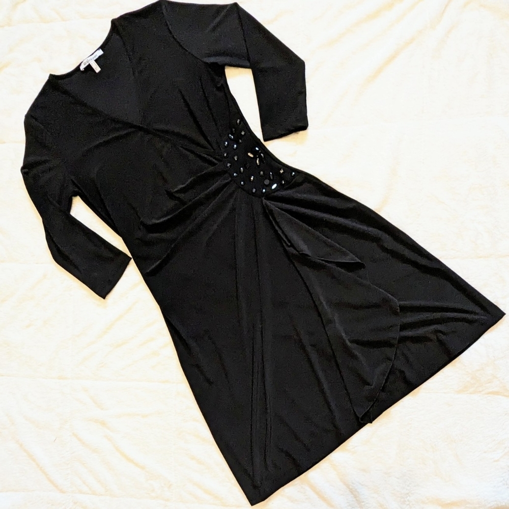 Steilmann Black Stretchy Dress Embellished Ruching V-neck Midi Classic Sz 6 LBD